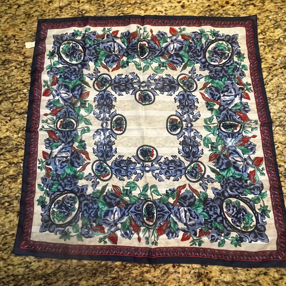 Vintage Berkshire Silken Polyester Square Scarf Floral Navy Blue Italy 30X30